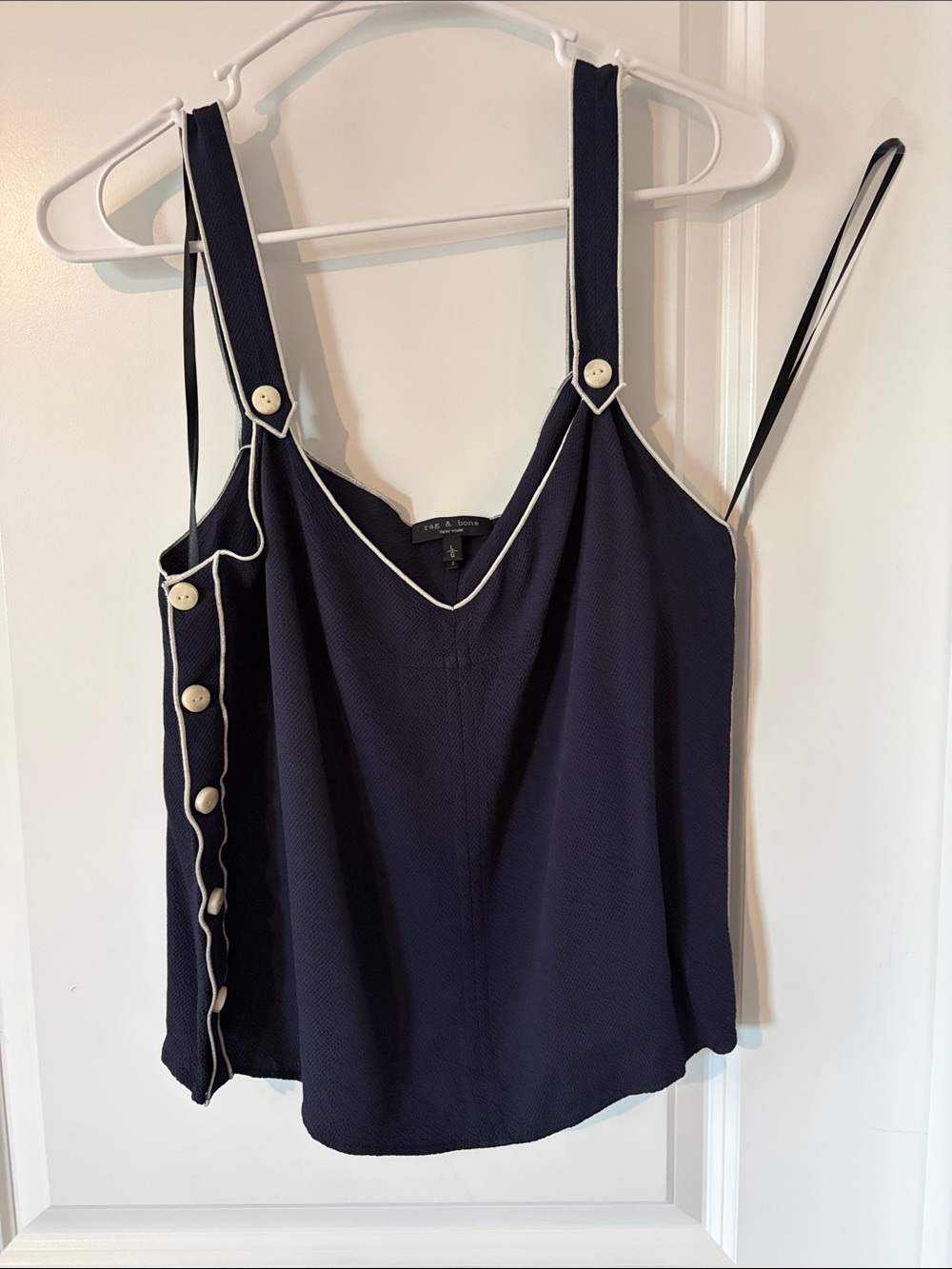 rag & bone navy cami with cream piping & button trim